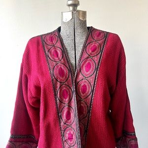 1970’s Bohemian Vintage Red Joyce Harter Hand Woven Cardigan Shawl Hippie